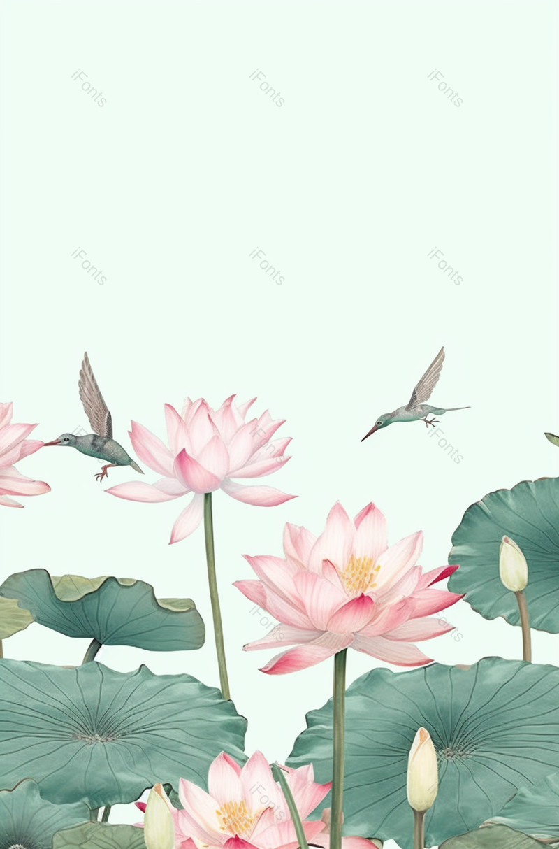 绿色荷花盛开鸟清新插画背景,插画/手绘图,插画/手绘图库,插画/手绘图下载,插画/手绘